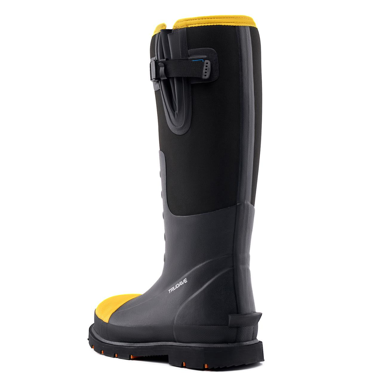 Rear view of Trudave Men’s Tall Waterproof Steel Toe Work Boots ForgeStep Series in black, featuring elastic side panels and a pull tab for easy on and off, durable and protective for heavy-duty work