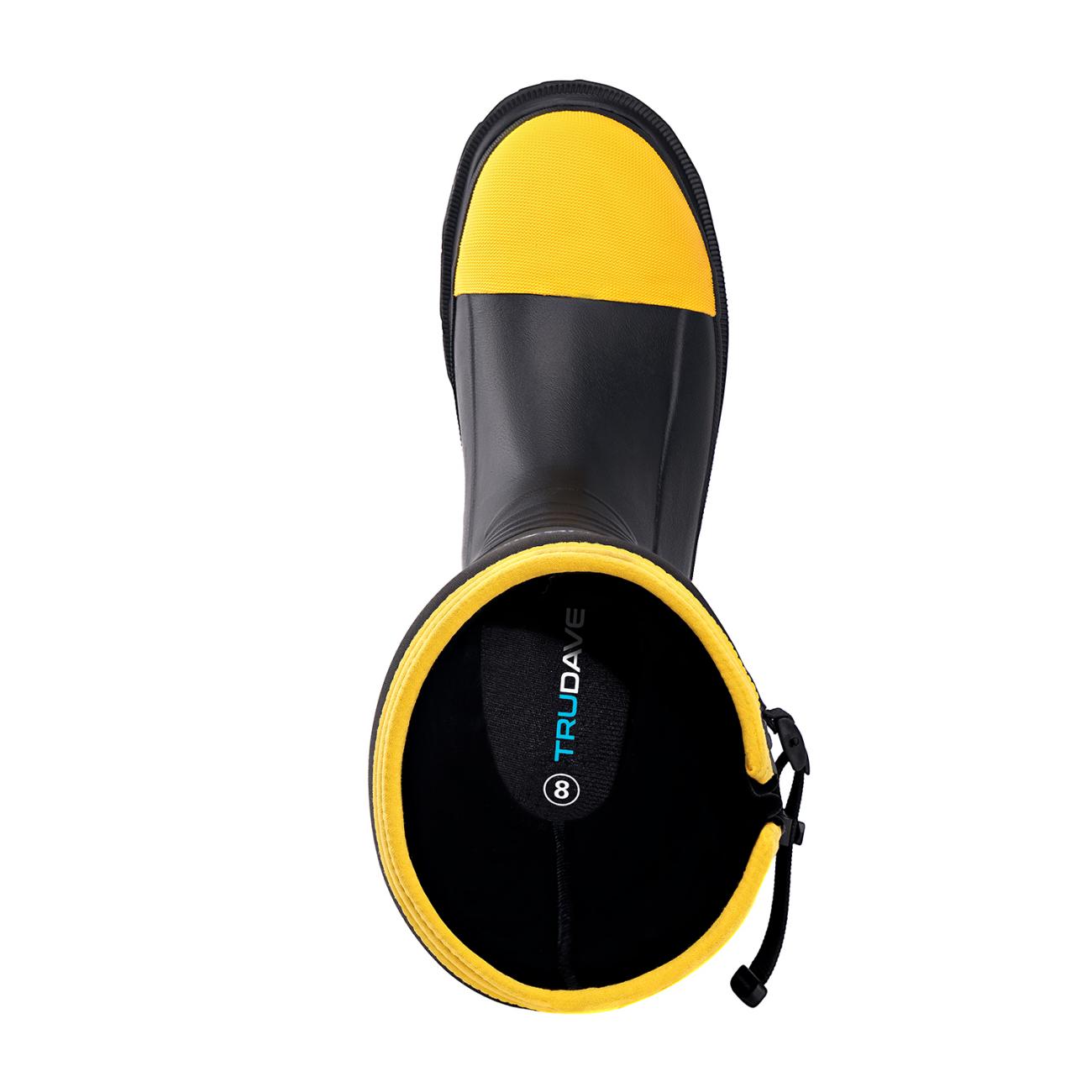 Top view of Trudave Men’s Tall Waterproof Steel Toe Work Boots ForgeStep Series in black, showing flexible boot collar and elastic side panels for a comfortable, secure fit and easy wear.