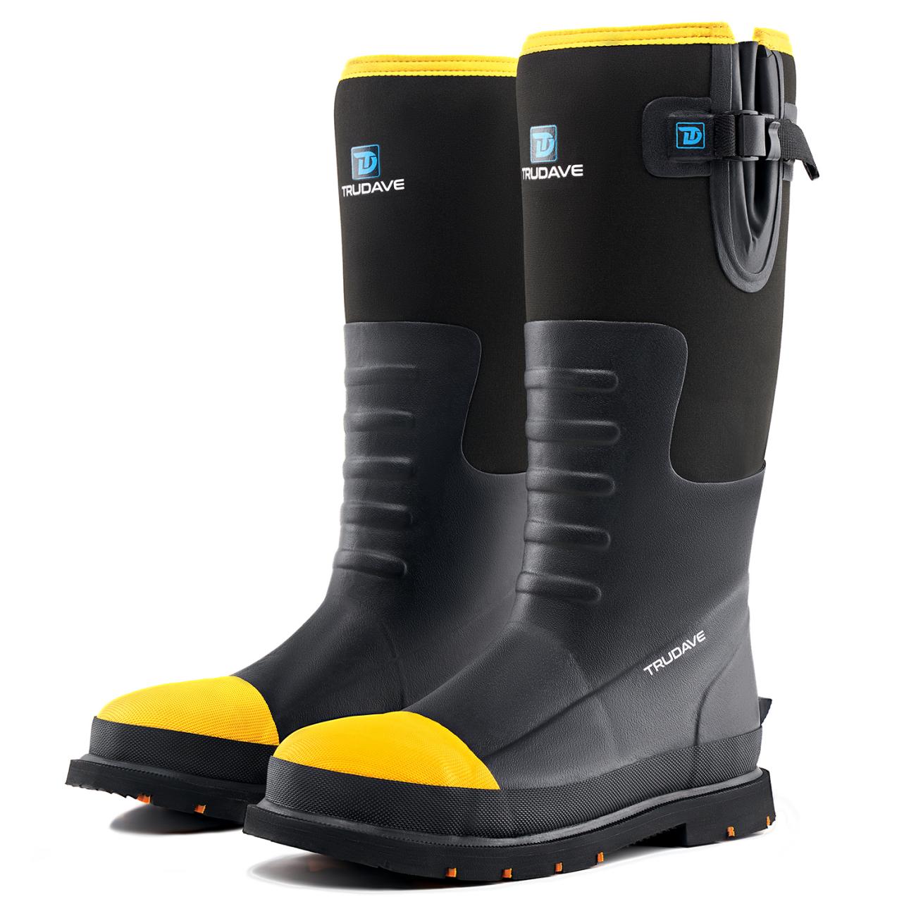 Side view of Trudave Men’s Tall Waterproof Steel Toe Work Boots ForgeStep Series in black, highlighting the durable rubber shell, reinforced toe, and slip-resistant sole for all-day protection and comfort.