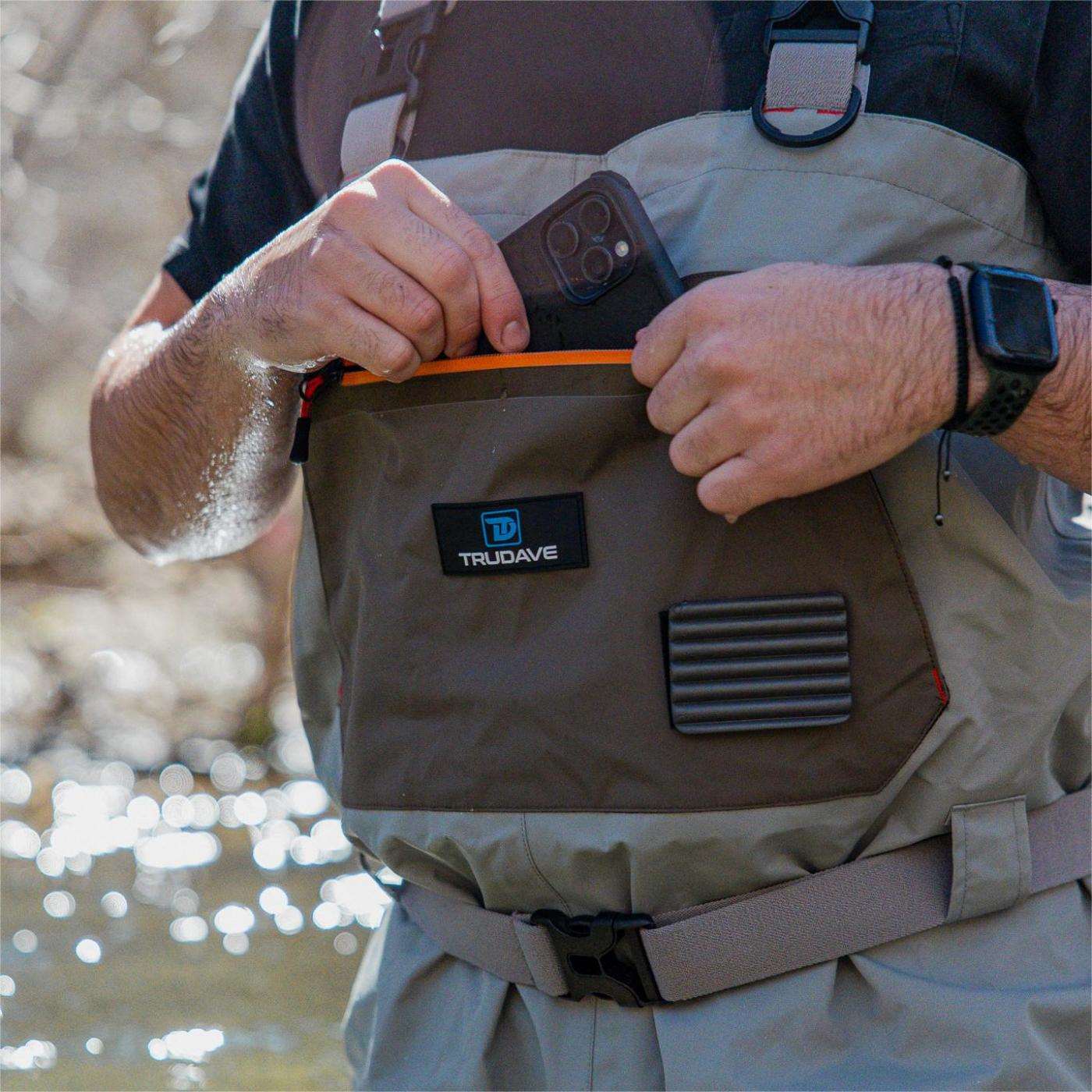 Man wearing Trudave BreezeFly Series lightweight waterproof fishing chest waders – front view showing chest pocket for phone storage and durable 100% waterproof neoprene design for fishing