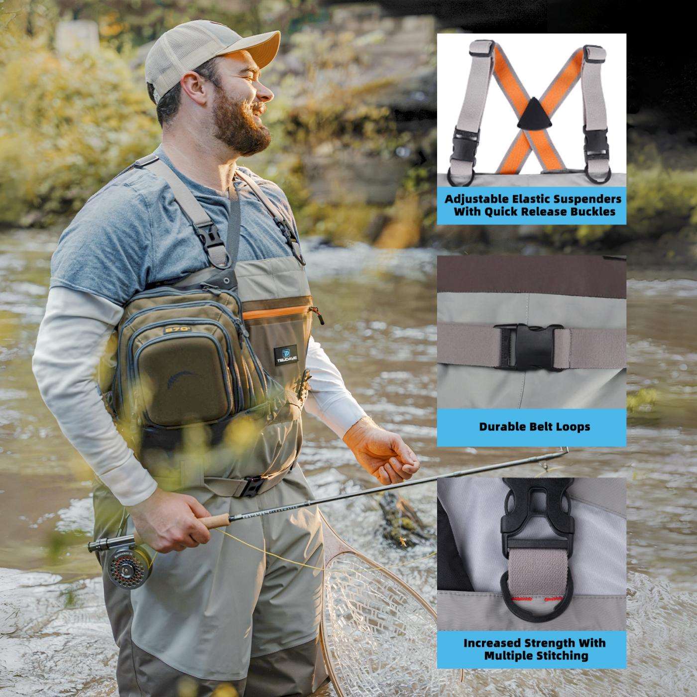 Side view of Trudave BreezeFly Series men’s lightweight waterproof fishing chest waders with boots – worn by angler standing in river, showing adjustable belt and shoulder straps for comfort and secure fit