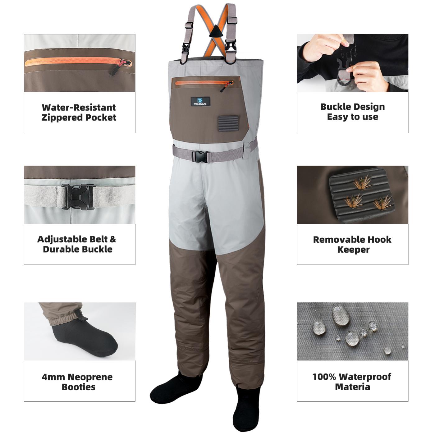 Trudave BreezeFly Series men’s lightweight waterproof fishing chest waders – front view showing adjustable shoulder and waist straps, chest pocket, removable hook keeper, and 4mm neoprene waterproof fabric details for fishing use