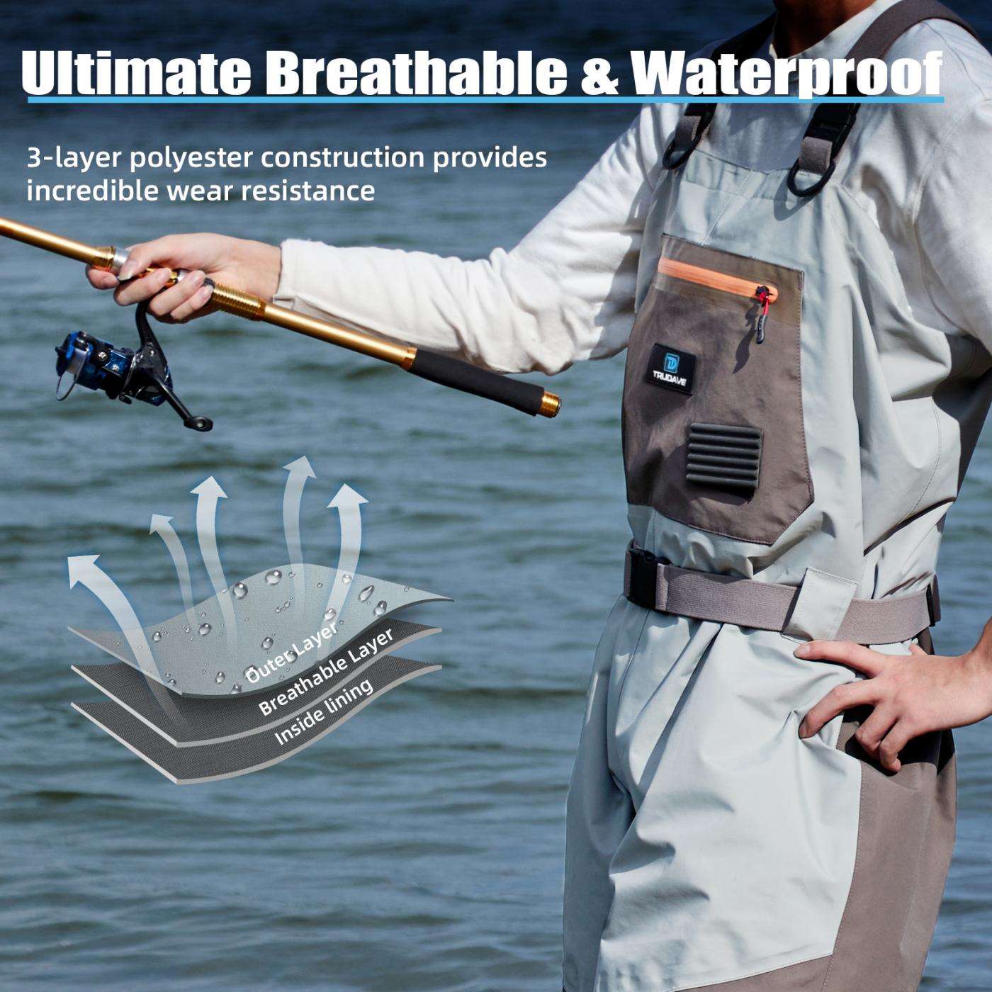 The Trudave BreezeFly Series men’s lightweight waterproof fishing chest waders are built with a 3-layer polyester laminate—tough outer shell, waterproof core, and breathable inner lining