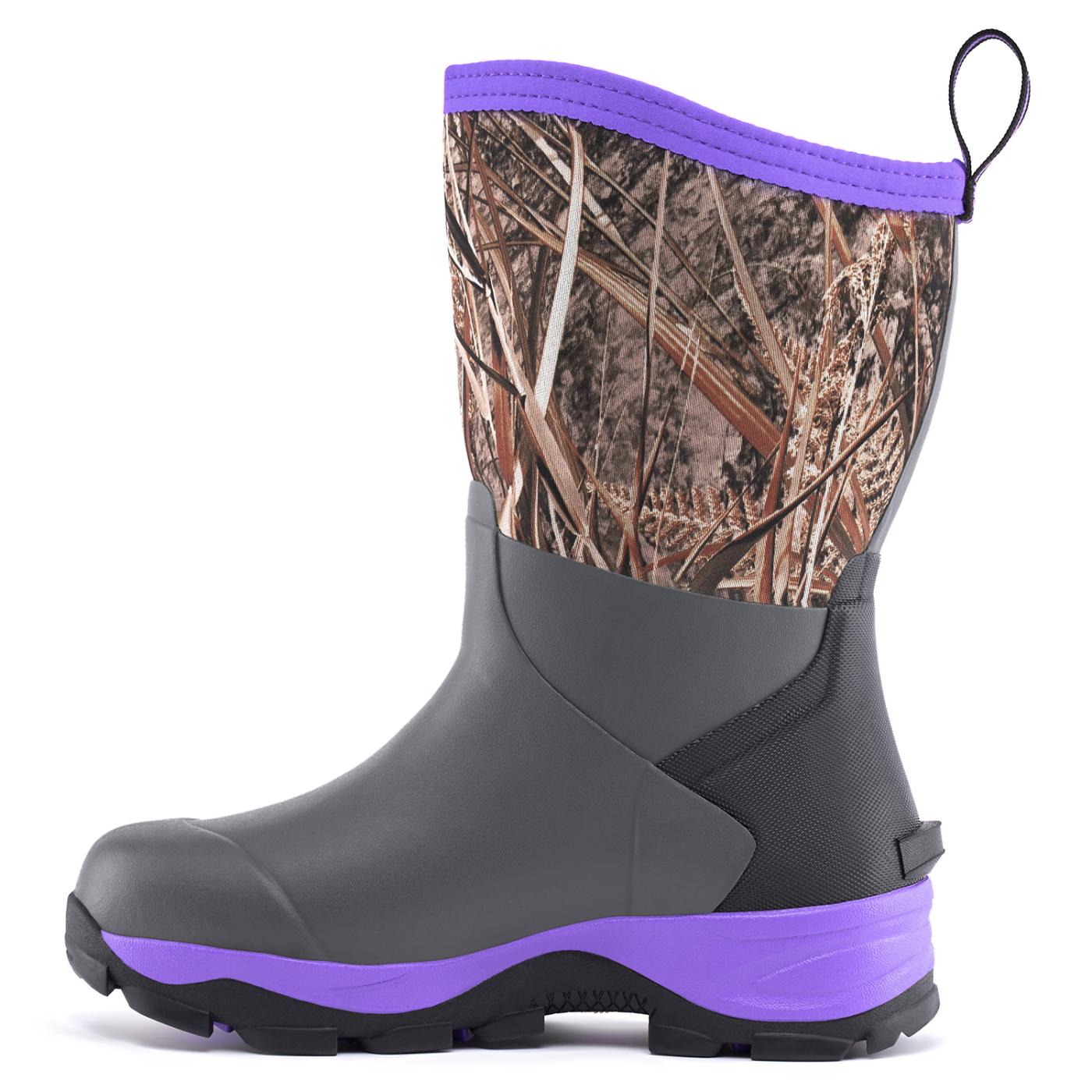 Side view of Trudave MudGuard Series women’s mid-calf waterproof garden boots – purple camo design showing durable rubber shell and slip-resistant sole for gardening and outdoor use
