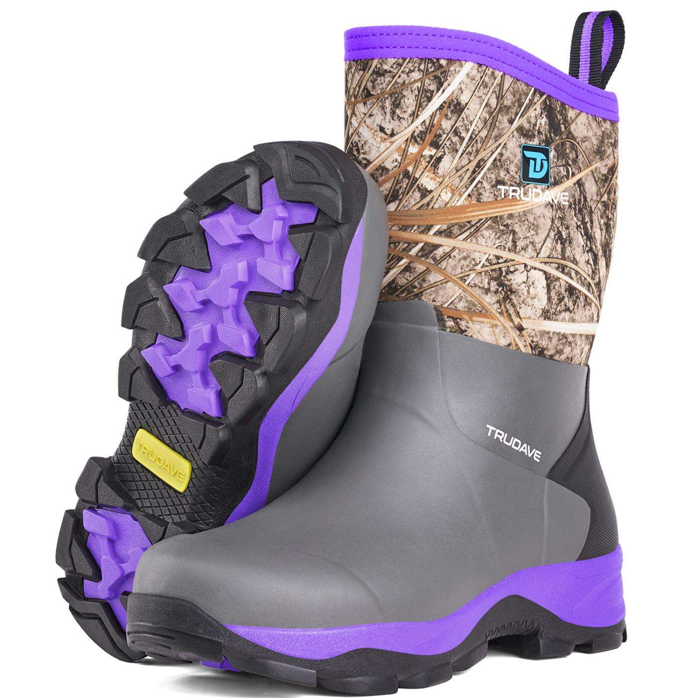 Side and sole view of Trudave MudGuard Series women’s mid-calf waterproof garden boots – purple camo design showing durable rubber shell and slip-resistant tread for gardening and rain use