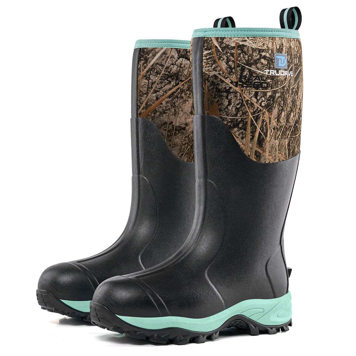 Side view of Trudave HeatHold Series women’s tall waterproof insulated rubber boots in green camo showing durable waterproof shell and warm lining for rain and garden use