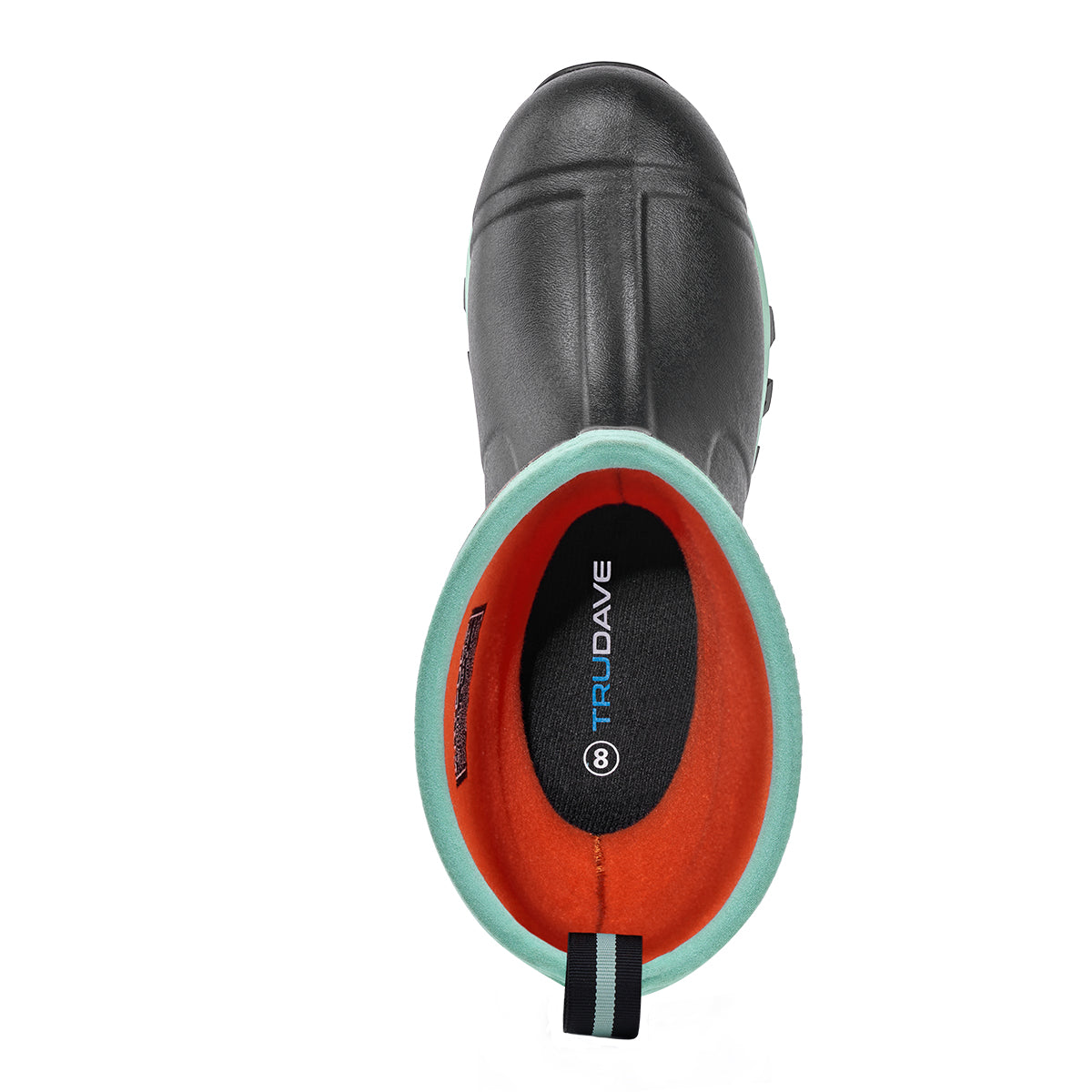 Top view of Trudave HeatHold Series women’s tall waterproof insulated rubber boots in green camo showing interior warm lining and waterproof construction for rain and garden use