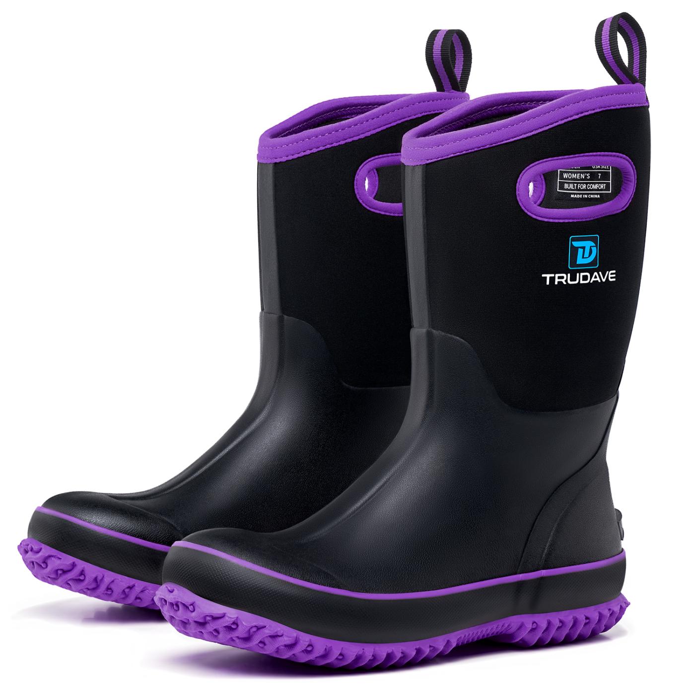 Side view of Trudave BloomBoot Series women’s mid-calf waterproof neoprene garden rain boots in black with purple trim showing durable rubber design and stylish waterproof construction