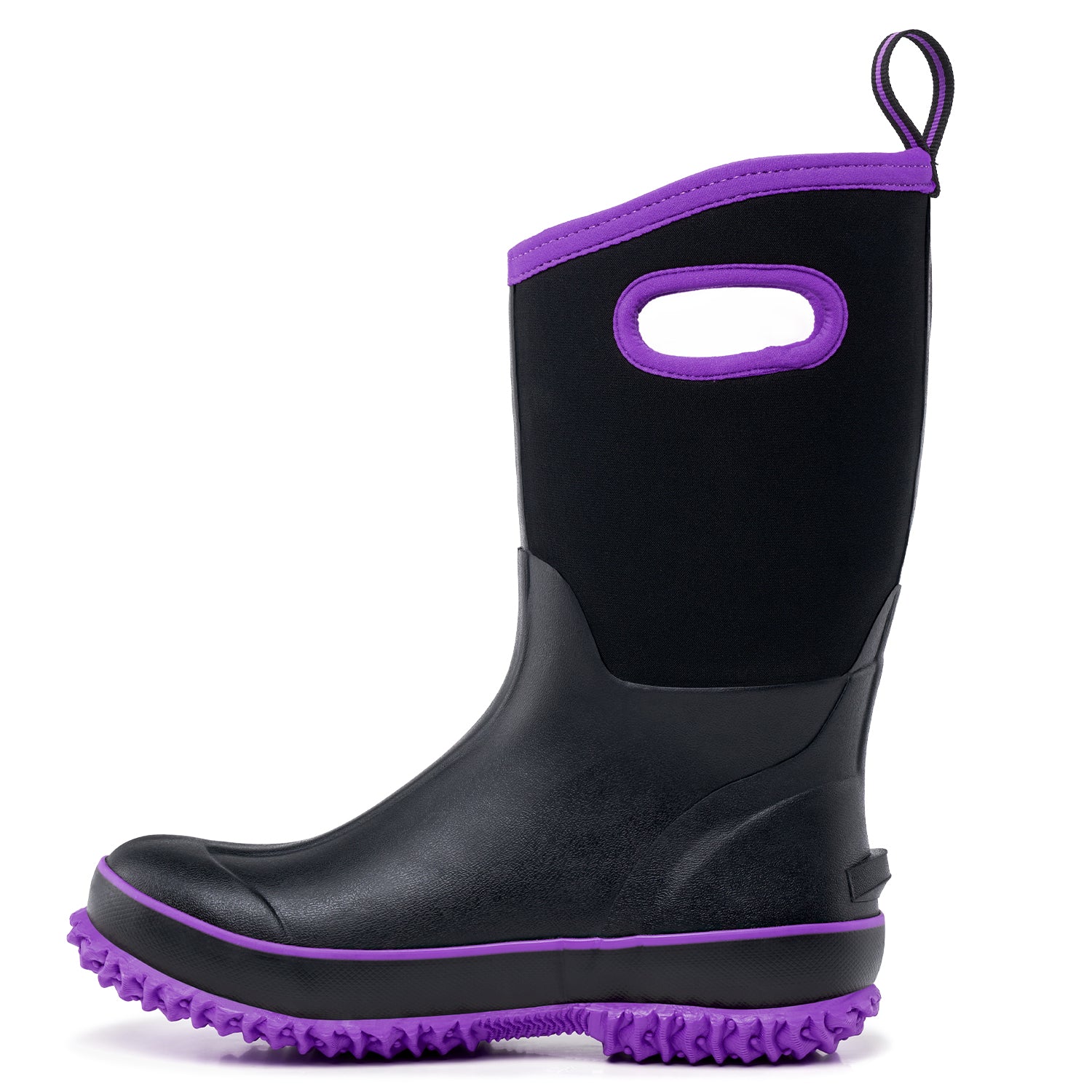 Side view of Trudave BloomBoot Series women’s mid-calf waterproof neoprene garden rain boots in black with purple trim showing durable rubber design and stylish waterproof construction