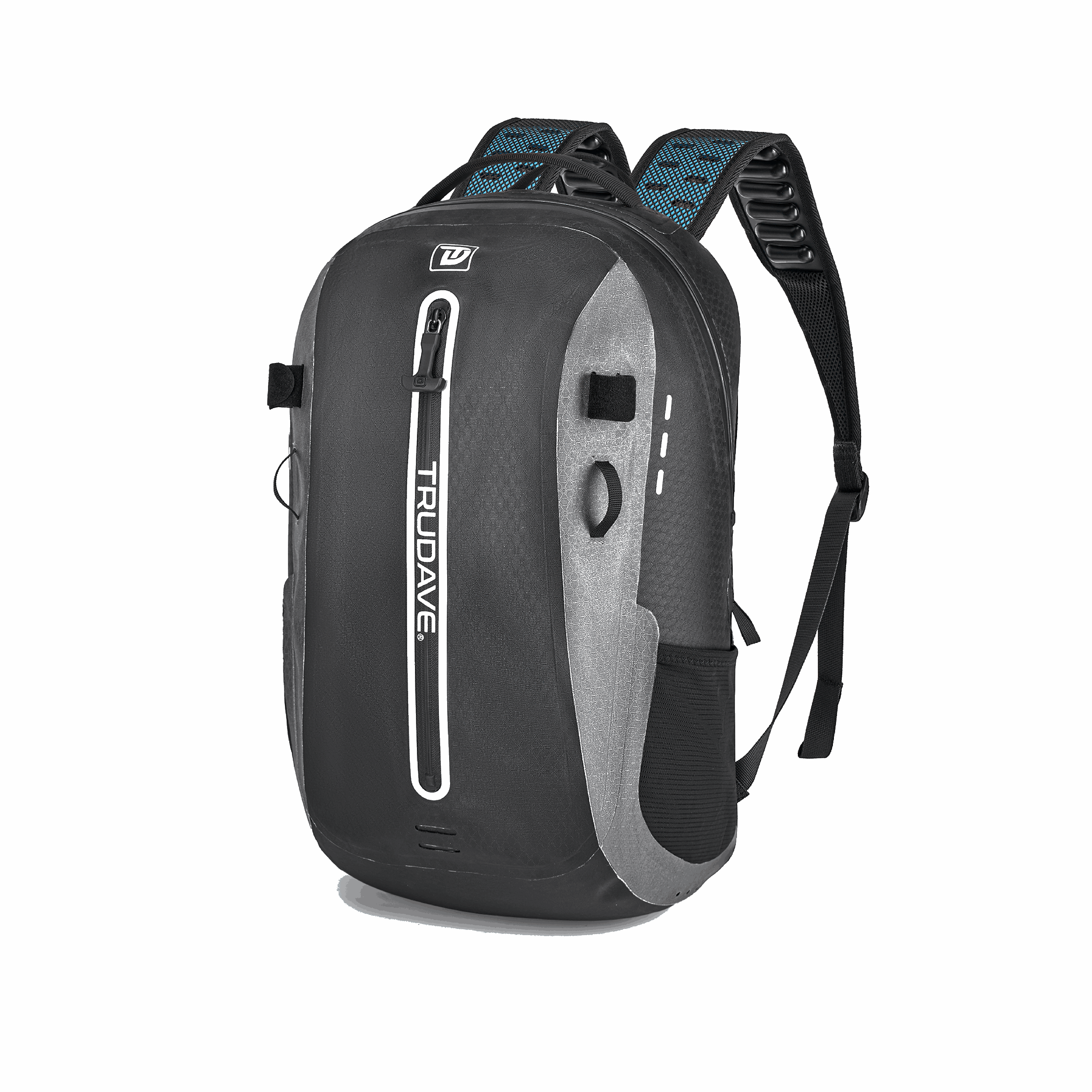 alt="Front view of Trudave FloatPack Series 30L waterproof fishing backpack showing durable roll-top design and front storage pockets for outdoor, boating, and travel use"
