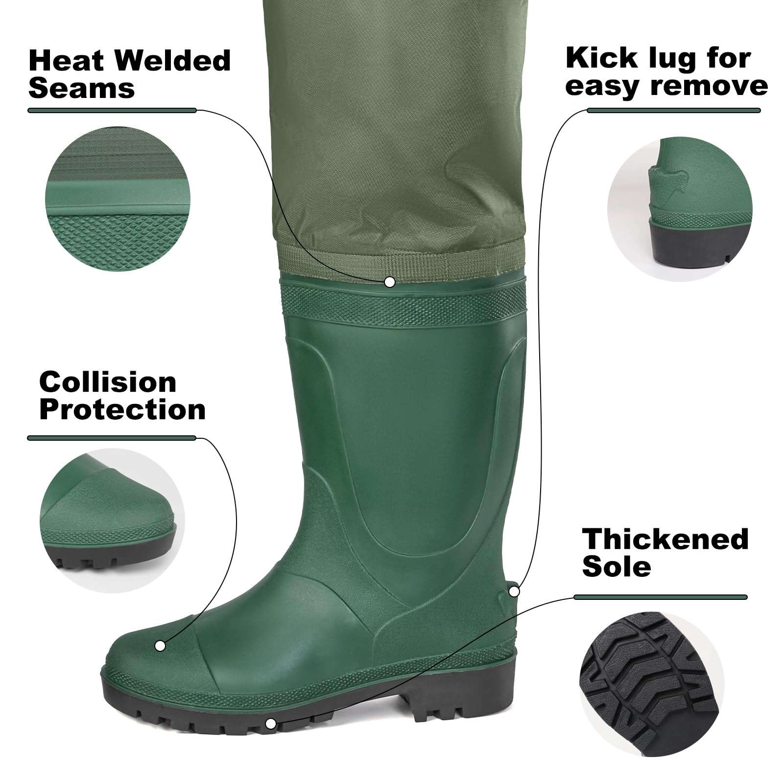 alt="Close-up of Trudave StreamFlex Series hip waterproof wader boots showing heat-welded seams, kick lug for easy removal, collision protection toe, and thickened non-slip sole for fishing and outdoor use"
