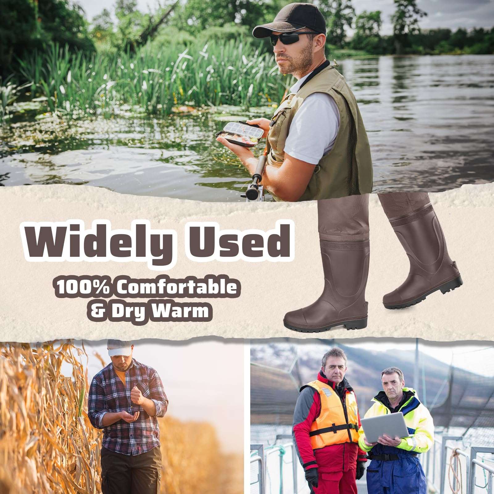 alt="Trudave StreamFlex Series hip waterproof waders with boots shown in multi-scene use including fishing, hunting, and farm work, highlighting 100% waterproof protection, durable heat-welded seams, and slip-resistant sole for versatile outdoor performance"
