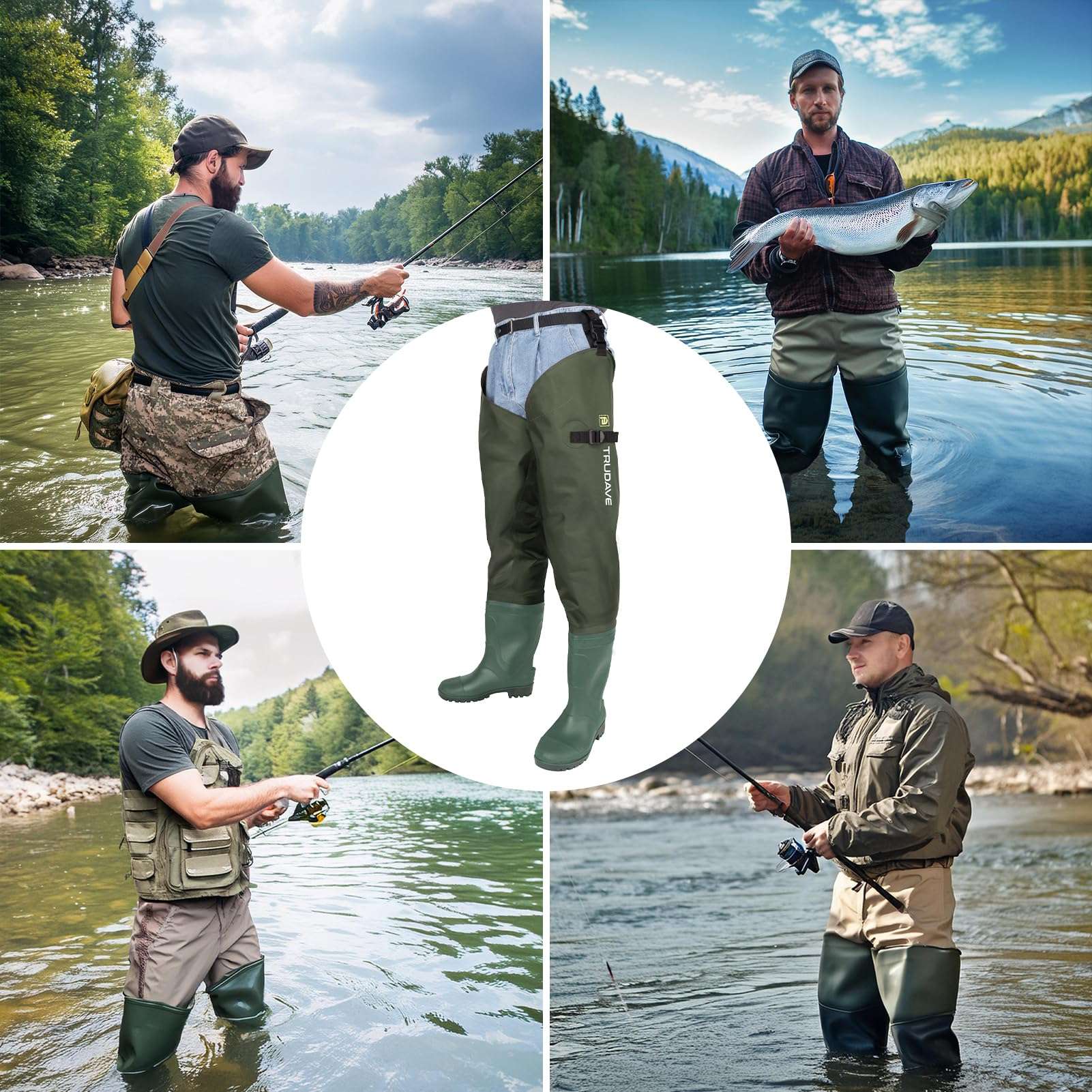 alt="Trudave StreamFlex Series hip waterproof waders with boots shown in multi-scene use including fishing, hunting, and farm work, highlighting 100% waterproof protection, durable heat-welded seams, and slip-resistant sole for versatile outdoor performance"
