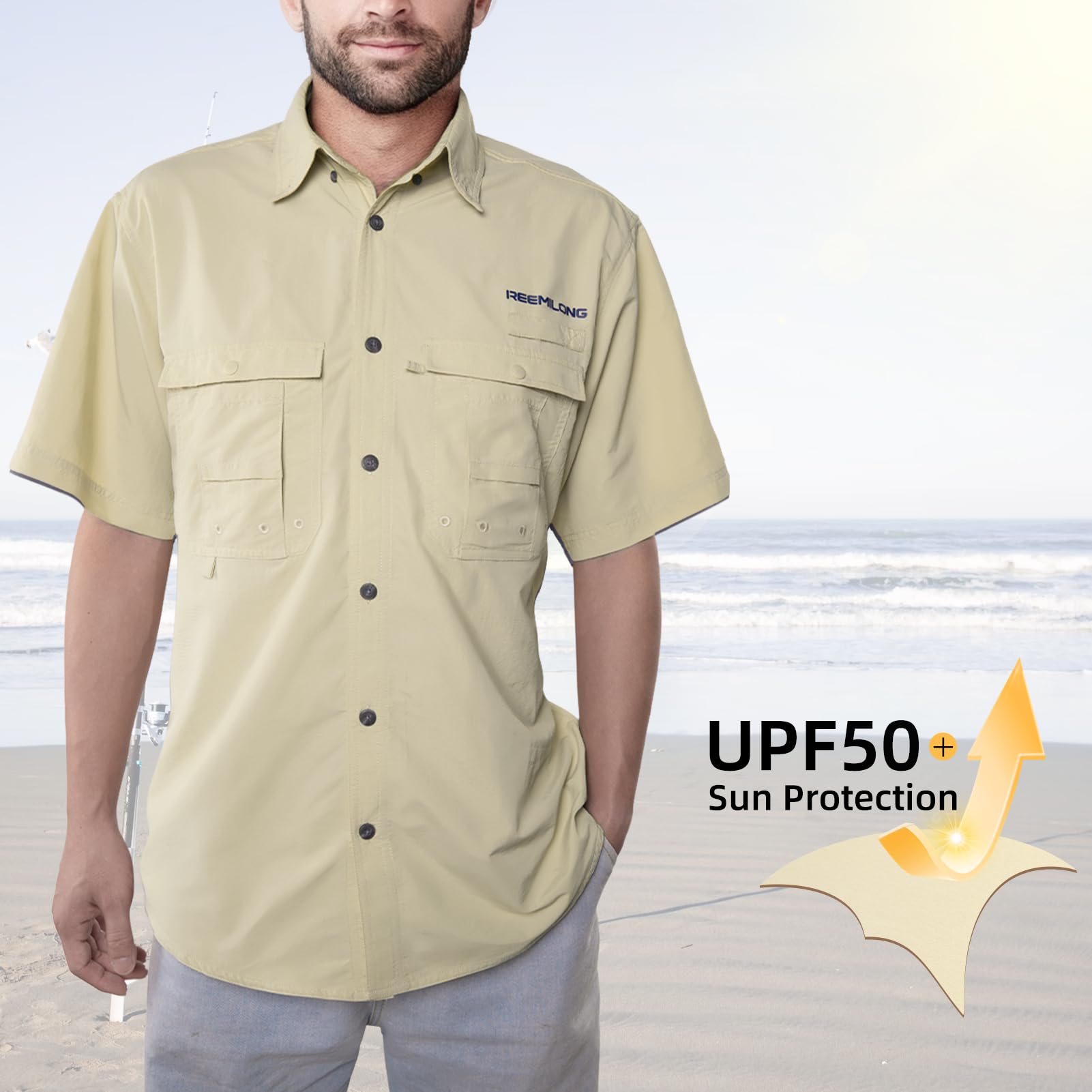 Front view of Trudave AquaShield Series men’s lightweight quick-dry fishing shirt in beige on a white background, featuring UPF sun protection and breathable quick-dry fabric for fishing and outdoor use
