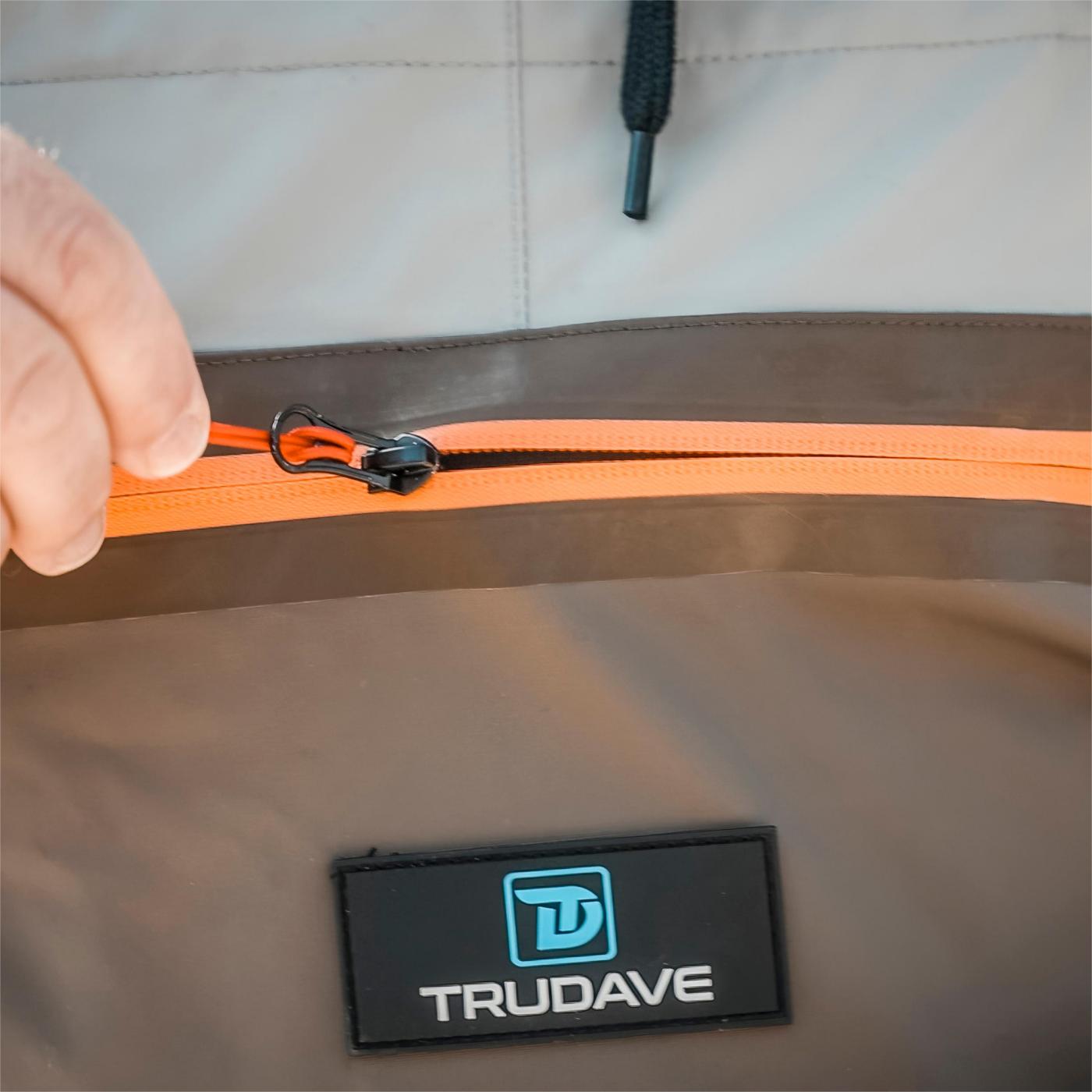 Man wearing Trudave BreezeFly Series lightweight waterproof fishing chest waders – front view showing chest pocket for phone storage and durable 100% waterproof neoprene design for fishing